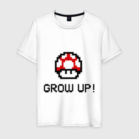 Мужская футболка хлопок с принтом Grow up! в Петрозаводске, 100% хлопок | прямой крой, круглый вырез горловины, длина до линии бедер, слегка спущенное плечо. | марио
