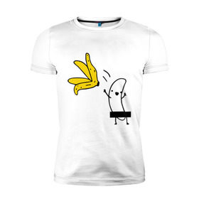 Мужская футболка премиум с принтом Банан стриптизер в Петрозаводске, 92% хлопок, 8% лайкра | приталенный силуэт, круглый вырез ворота, длина до линии бедра, короткий рукав | кожура | одежда | прикольная картинка | раздеваться | фрукт | юмор