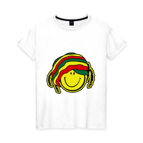 Женская футболка хлопок с принтом Cмайл-растаман в Петрозаводске, 100% хлопок | прямой крой, круглый вырез горловины, длина до линии бедер, слегка спущенное плечо | дреды | настроение | позитив | раста | смайлик | улыбка