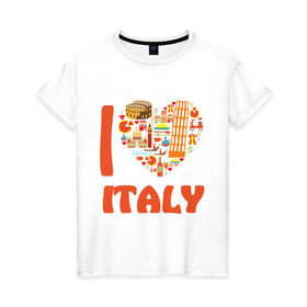 Женская футболка хлопок с принтом Я люблю Италию в Петрозаводске, 100% хлопок | прямой крой, круглый вырез горловины, длина до линии бедер, слегка спущенное плечо | башня пейзанская | италия | колизей | пицца | я люблю италию