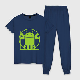 Женская пижама хлопок с принтом Андроид давинчи в Петрозаводске, 100% хлопок | брюки и футболка прямого кроя, без карманов, на брюках мягкая резинка на поясе и по низу штанин | Тематика изображения на принте: android | андроид давинчи | давинчи