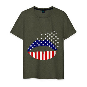 Мужская футболка хлопок с принтом Американские губы в Петрозаводске, 100% хлопок | прямой крой, круглый вырез горловины, длина до линии бедер, слегка спущенное плечо. | Тематика изображения на принте: американский флаг | губы | флаг америки | флаг сша