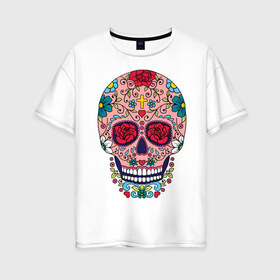 Женская футболка хлопок Oversize с принтом Oldschool skull в Петрозаводске, 100% хлопок | свободный крой, круглый ворот, спущенный рукав, длина до линии бедер
 | oldschool | skull | олд скул | олдскул | цветочный орнамент | цветы | череп | черепа
