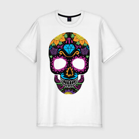 Мужская футболка премиум с принтом Skull mexica в Петрозаводске, 92% хлопок, 8% лайкра | приталенный силуэт, круглый вырез ворота, длина до линии бедра, короткий рукав | skull | мексика | мексиканский череп | череп | черепа