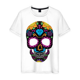 Мужская футболка хлопок с принтом Skull mexica в Петрозаводске, 100% хлопок | прямой крой, круглый вырез горловины, длина до линии бедер, слегка спущенное плечо. | skull | мексика | мексиканский череп | череп | черепа