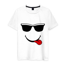 Мужская футболка хлопок с принтом Мы на позитиве (язык справа) в Петрозаводске, 100% хлопок | прямой крой, круглый вырез горловины, длина до линии бедер, слегка спущенное плечо. | Тематика изображения на принте: smile | очки | парные | позитив | смайл