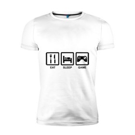 Мужская футболка премиум с принтом Eat sleep game в Петрозаводске, 92% хлопок, 8% лайкра | приталенный силуэт, круглый вырез ворота, длина до линии бедра, короткий рукав | джойстик | еда | есть | играть | компьютерные игры | постель | спать