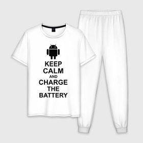 Мужская пижама хлопок с принтом Keep calm and charge the battery (android) в Петрозаводске, 100% хлопок | брюки и футболка прямого кроя, без карманов, на брюках мягкая резинка на поясе и по низу штанин
 | 