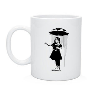 Кружка с принтом Girl in rain (Banksy) в Петрозаводске, керамика | объем — 330 мл, диаметр — 80 мм. Принт наносится на бока кружки, можно сделать два разных изображения | Тематика изображения на принте: бэнкси | граффити | девочка | дождь | зонт