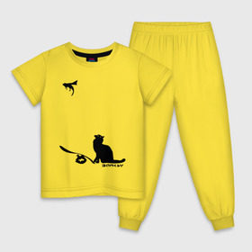Детская пижама хлопок с принтом Cat and supermouse (Banksy) в Петрозаводске, 100% хлопок |  брюки и футболка прямого кроя, без карманов, на брюках мягкая резинка на поясе и по низу штанин
 | бэнкси | граффити | киса | кот | котенок | котэ | кошка | мышка | супермышка