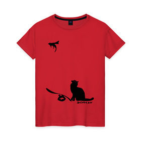 Женская футболка хлопок с принтом Cat and supermouse (Banksy) в Петрозаводске, 100% хлопок | прямой крой, круглый вырез горловины, длина до линии бедер, слегка спущенное плечо | бэнкси | граффити | киса | кот | котенок | котэ | кошка | мышка | супермышка