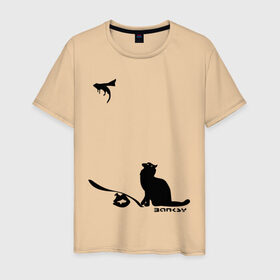 Мужская футболка хлопок с принтом Cat and supermouse (Banksy) в Петрозаводске, 100% хлопок | прямой крой, круглый вырез горловины, длина до линии бедер, слегка спущенное плечо. | бэнкси | граффити | киса | кот | котенок | котэ | кошка | мышка | супермышка