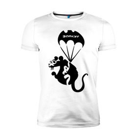Мужская футболка премиум с принтом Rat with parachute (Banksy) в Петрозаводске, 92% хлопок, 8% лайкра | приталенный силуэт, круглый вырез ворота, длина до линии бедра, короткий рукав | бэнкси | граффити | грызун | животные | хомяк с парашютом