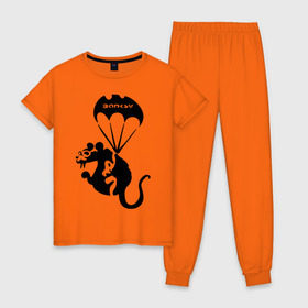 Женская пижама хлопок с принтом Rat with parachute (Banksy) в Петрозаводске, 100% хлопок | брюки и футболка прямого кроя, без карманов, на брюках мягкая резинка на поясе и по низу штанин | бэнкси | граффити | грызун | животные | хомяк с парашютом