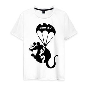 Мужская футболка хлопок с принтом Rat with parachute (Banksy) в Петрозаводске, 100% хлопок | прямой крой, круглый вырез горловины, длина до линии бедер, слегка спущенное плечо. | бэнкси | граффити | грызун | животные | хомяк с парашютом