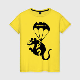 Женская футболка хлопок с принтом Rat with parachute (Banksy) в Петрозаводске, 100% хлопок | прямой крой, круглый вырез горловины, длина до линии бедер, слегка спущенное плечо | Тематика изображения на принте: бэнкси | граффити | грызун | животные | хомяк с парашютом