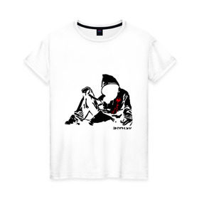 Женская футболка хлопок с принтом Раненый парень (Banksy) в Петрозаводске, 100% хлопок | прямой крой, круглый вырез горловины, длина до линии бедер, слегка спущенное плечо | бэнкси | граффити | кровь | парень | рана | силуэт