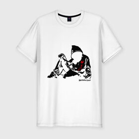 Мужская футболка премиум с принтом Раненый парень (Banksy) в Петрозаводске, 92% хлопок, 8% лайкра | приталенный силуэт, круглый вырез ворота, длина до линии бедра, короткий рукав | бэнкси | граффити | кровь | парень | рана | силуэт