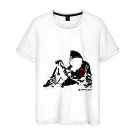 Мужская футболка хлопок с принтом Раненый парень (Banksy) в Петрозаводске, 100% хлопок | прямой крой, круглый вырез горловины, длина до линии бедер, слегка спущенное плечо. | бэнкси | граффити | кровь | парень | рана | силуэт