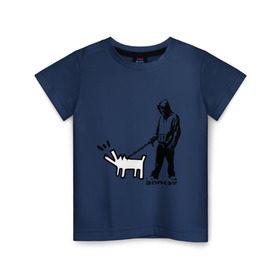Детская футболка хлопок с принтом Парень с собакой (Banksy) в Петрозаводске, 100% хлопок | круглый вырез горловины, полуприлегающий силуэт, длина до линии бедер | Тематика изображения на принте: dog | бэнкси | граффити | собака