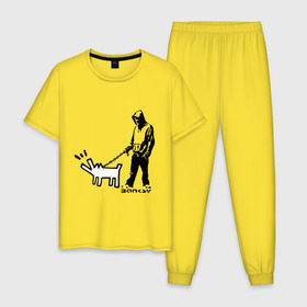 Мужская пижама хлопок с принтом Парень с собакой (Banksy) в Петрозаводске, 100% хлопок | брюки и футболка прямого кроя, без карманов, на брюках мягкая резинка на поясе и по низу штанин
 | dog | бэнкси | граффити | собака
