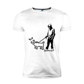 Мужская футболка премиум с принтом Парень с собакой (Banksy) в Петрозаводске, 92% хлопок, 8% лайкра | приталенный силуэт, круглый вырез ворота, длина до линии бедра, короткий рукав | Тематика изображения на принте: dog | бэнкси | граффити | собака