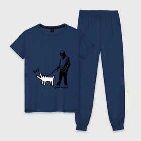 Женская пижама хлопок с принтом Парень с собакой (Banksy) в Петрозаводске, 100% хлопок | брюки и футболка прямого кроя, без карманов, на брюках мягкая резинка на поясе и по низу штанин | Тематика изображения на принте: dog | бэнкси | граффити | собака