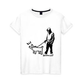 Женская футболка хлопок с принтом Парень с собакой (Banksy) в Петрозаводске, 100% хлопок | прямой крой, круглый вырез горловины, длина до линии бедер, слегка спущенное плечо | dog | бэнкси | граффити | собака