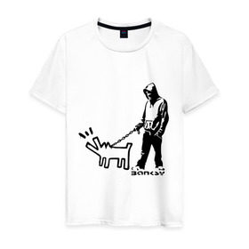 Мужская футболка хлопок с принтом Парень с собакой (Banksy) в Петрозаводске, 100% хлопок | прямой крой, круглый вырез горловины, длина до линии бедер, слегка спущенное плечо. | dog | бэнкси | граффити | собака