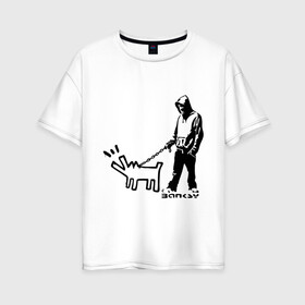 Женская футболка хлопок Oversize с принтом Парень с собакой (Banksy) в Петрозаводске, 100% хлопок | свободный крой, круглый ворот, спущенный рукав, длина до линии бедер
 | dog | бэнкси | граффити | собака