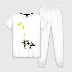 Женская пижама хлопок с принтом Peeing dog (Banksy) в Петрозаводске, 100% хлопок | брюки и футболка прямого кроя, без карманов, на брюках мягкая резинка на поясе и по низу штанин | Тематика изображения на принте: бульдог | бэнкси | граффити | собака