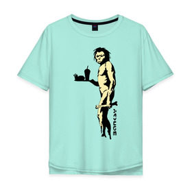 Мужская футболка хлопок Oversize с принтом Древний человек Бэнкси в Петрозаводске, 100% хлопок | свободный крой, круглый ворот, “спинка” длиннее передней части | бэнкси | граффити | неандерталец | примат