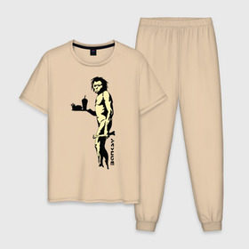 Мужская пижама хлопок с принтом Древний человек Бэнкси в Петрозаводске, 100% хлопок | брюки и футболка прямого кроя, без карманов, на брюках мягкая резинка на поясе и по низу штанин
 | бэнкси | граффити | неандерталец | примат