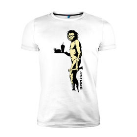 Мужская футболка премиум с принтом Древний человек Бэнкси в Петрозаводске, 92% хлопок, 8% лайкра | приталенный силуэт, круглый вырез ворота, длина до линии бедра, короткий рукав | Тематика изображения на принте: бэнкси | граффити | неандерталец | примат