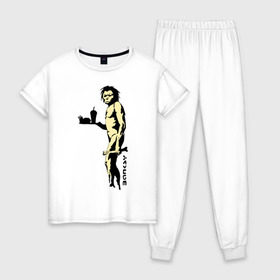 Женская пижама хлопок с принтом Древний человек Бэнкси в Петрозаводске, 100% хлопок | брюки и футболка прямого кроя, без карманов, на брюках мягкая резинка на поясе и по низу штанин | бэнкси | граффити | неандерталец | примат