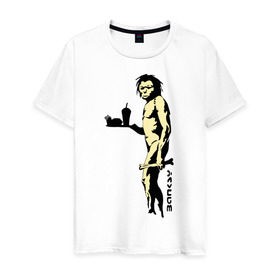 Мужская футболка хлопок с принтом Древний человек Бэнкси в Петрозаводске, 100% хлопок | прямой крой, круглый вырез горловины, длина до линии бедер, слегка спущенное плечо. | Тематика изображения на принте: бэнкси | граффити | неандерталец | примат