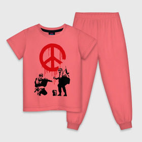 Детская пижама хлопок с принтом Peace Banksy в Петрозаводске, 100% хлопок |  брюки и футболка прямого кроя, без карманов, на брюках мягкая резинка на поясе и по низу штанин
 | Тематика изображения на принте: бэнкси | граффити | люди | мир | оружие