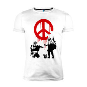 Мужская футболка премиум с принтом Peace Banksy в Петрозаводске, 92% хлопок, 8% лайкра | приталенный силуэт, круглый вырез ворота, длина до линии бедра, короткий рукав | бэнкси | граффити | люди | мир | оружие