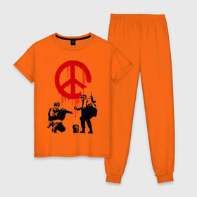 Женская пижама хлопок с принтом Peace Banksy в Петрозаводске, 100% хлопок | брюки и футболка прямого кроя, без карманов, на брюках мягкая резинка на поясе и по низу штанин | бэнкси | граффити | люди | мир | оружие