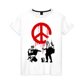 Женская футболка хлопок с принтом Peace Banksy в Петрозаводске, 100% хлопок | прямой крой, круглый вырез горловины, длина до линии бедер, слегка спущенное плечо | Тематика изображения на принте: бэнкси | граффити | люди | мир | оружие