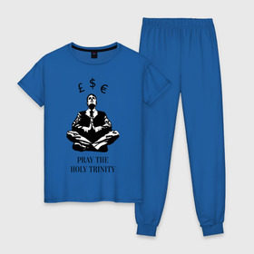 Женская пижама хлопок с принтом Pray the holy trinity в Петрозаводске, 100% хлопок | брюки и футболка прямого кроя, без карманов, на брюках мягкая резинка на поясе и по низу штанин | banksy | бэнкси | граффтити | деньги | доллар | евро | фунт