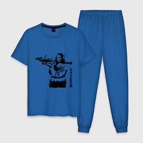 Мужская пижама хлопок с принтом Мона Лиза с базукой в Петрозаводске, 100% хлопок | брюки и футболка прямого кроя, без карманов, на брюках мягкая резинка на поясе и по низу штанин
 | banksy | бэнкси | графити | граффити | стрит арт