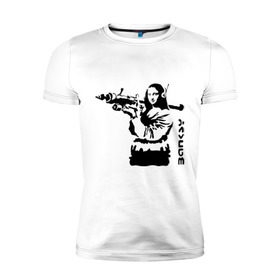 Мужская футболка премиум с принтом Мона Лиза с базукой в Петрозаводске, 92% хлопок, 8% лайкра | приталенный силуэт, круглый вырез ворота, длина до линии бедра, короткий рукав | banksy | бэнкси | графити | граффити | стрит арт