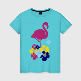 Женская футболка хлопок с принтом Фламинго в Петрозаводске, 100% хлопок | прямой крой, круглый вырез горловины, длина до линии бедер, слегка спущенное плечо | летние | лето | птица | цветочки | цветы