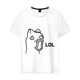 Мужская футболка хлопок с принтом LoL-кот в Петрозаводске, 100% хлопок | прямой крой, круглый вырез горловины, длина до линии бедер, слегка спущенное плечо. | Тематика изображения на принте: интернет приколы | кот | котяра | кошак | лол | мем