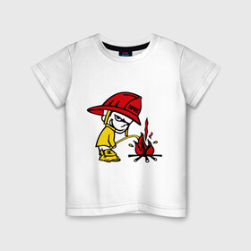 Детская футболка хлопок с принтом Пожарник в Петрозаводске, 100% хлопок | круглый вырез горловины, полуприлегающий силуэт, длина до линии бедер | каска | мальчик | мчс | огонь | писает | пожар | профессии | спасение | тушить
