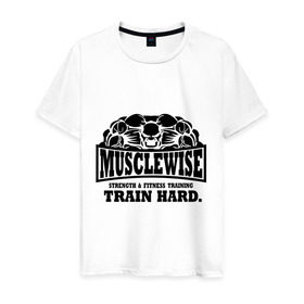 Мужская футболка хлопок с принтом Musclewise train hard (тренируйся усердно) в Петрозаводске, 100% хлопок | прямой крой, круглый вырез горловины, длина до линии бедер, слегка спущенное плечо. | Тематика изображения на принте: musclewise train hard | для тренеровок | качок | мускулы | раскаченный | спортсмен | тренеровки | тренируйся | тренируйся усердно