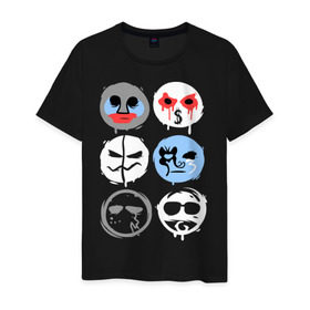 Мужская футболка хлопок с принтом HU Mask в Петрозаводске, 100% хлопок | прямой крой, круглый вырез горловины, длина до линии бедер, слегка спущенное плечо. | hollywood undead | hu | hu mask one color | undead | злые маски | маски | рок реп группа hollywood undead