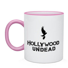 Кружка двухцветная с принтом Hollywood Undead logo в Петрозаводске, керамика | объем — 330 мл, диаметр — 80 мм. Цветная ручка и кайма сверху, в некоторых цветах — вся внутренняя часть | Тематика изображения на принте: hollywood undead | hu | hu mask one color | undead | рок реп группа hollywood undead