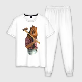 Мужская пижама хлопок с принтом Lion lumberjack в Петрозаводске, 100% хлопок | брюки и футболка прямого кроя, без карманов, на брюках мягкая резинка на поясе и по низу штанин
 | голова животного | лев в рубашке | лев с телом человека | лев с топором | тело человека | человек с головой льва